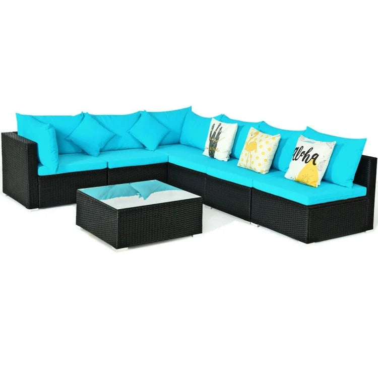 7 Pieces Sectional Wicker Furniture Sofa Set with Tempered Glass Top Coffee Table