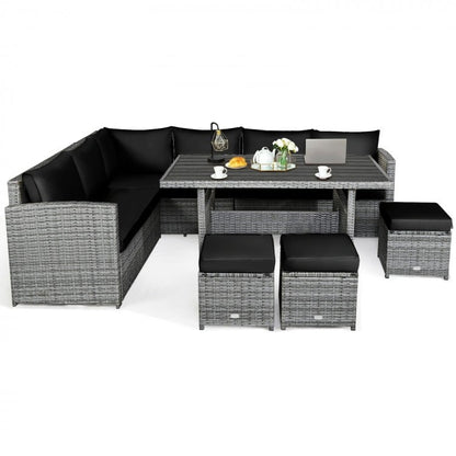 7 Pieces Outdoor Wicker Sectional Sofa Set with Dining Table