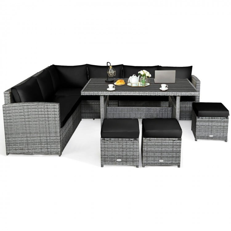 7 Pieces Outdoor Wicker Sectional Sofa Set with Dining Table