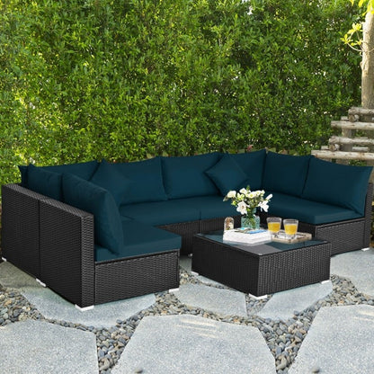 7 Pieces Sectional Wicker Furniture Sofa Set with Tempered Glass Top Coffee Table