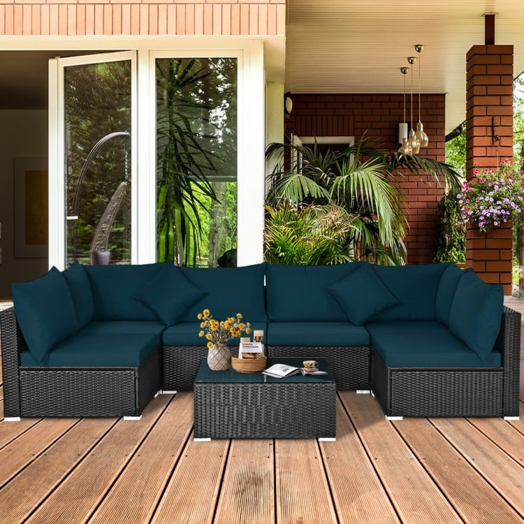 7 Pieces Sectional Wicker Furniture Sofa Set with Tempered Glass Top Coffee Table