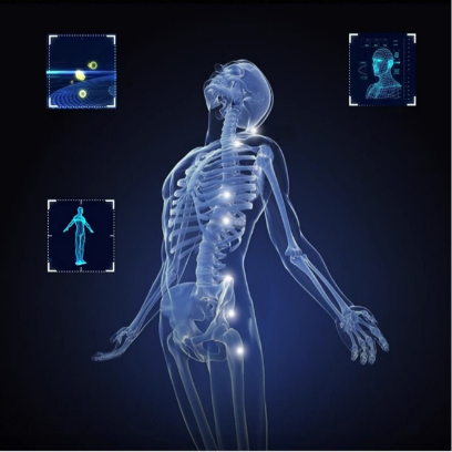 Skeletal system with digital overlays on a dark background